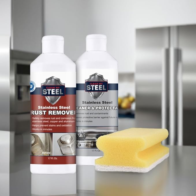 CLEAN MY STEEL Stainless Steel Rust Remover and Protector Kit, NSF Certified, 17 oz, Includes B570 Rust Remover, B580 Cleaner and Protector, Sponge and Gloves