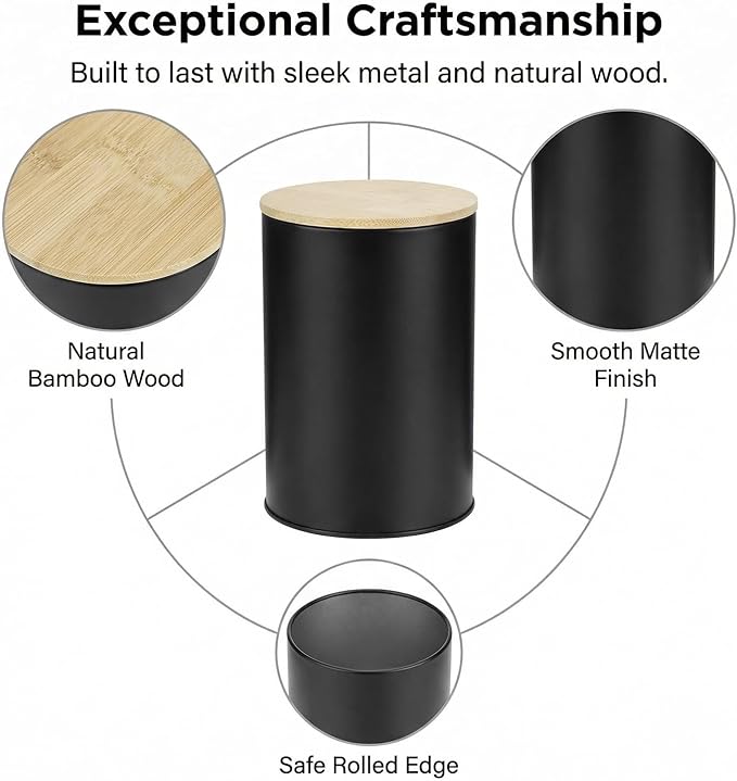 QWORK Metal Kitchen Canisters with Bamboo Lids, 3 Pack Airtight Food Storage Jars for Coffee Sugar Tea Flour Black Rustic Farmhouse Counter Decor, 3.74" x5.6"