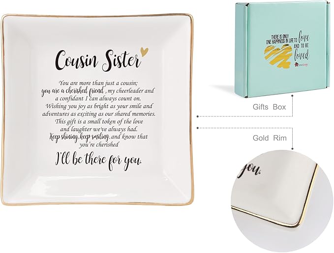 HOME SMILE Cousin Sister Gifts Mother's Day,Ceramic Ring Jewelry Dish Tray Plate for Birthday Graduation Christmas Wedding-You are More Than Just a Cousin,You Are a Chrished Friend