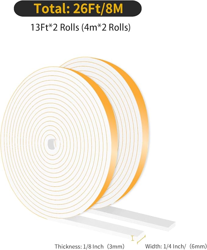 Weather Stripping,Weather Stripping Door Seal Stripping,High Density CR Foam,Door Seal Strip for Door Frame,Window Frame,Sliding Door (White,1/4 in x 1/8 in x 26Ft)