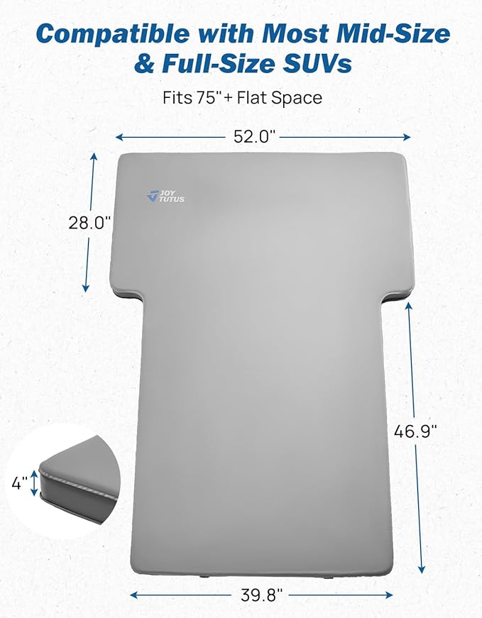 JOYTUTUS Foam & Air Camping Mattress for SUV - 4" Thickened Self-Inflating Car Bed, Wear-Resistant, Portable Sleeping Pad Fits Most Mid-to-Full Size SUV Trunks & Rear Seats, Gray