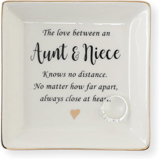 HOME SMILE Aunt Gifts from Niece, Aunt and Niece Gifts, Ring Dish Jewelry Tray for Aunts Birthday, Mothers Day, Valentine’s Day, Thanksgiving, Xmas-The Love Between Anut & Niece Knows No Dsitance