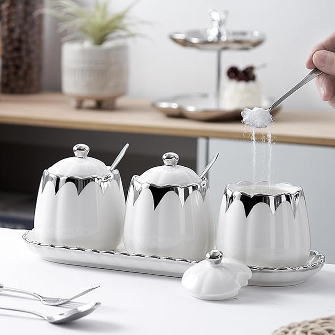Porcelain Condiment Jar Spice Container with Lids, Spoon and Tray, Set of 3,Modern Spice Box Seasoning Jar for Your Home, Kitchen, Counter (White gold)