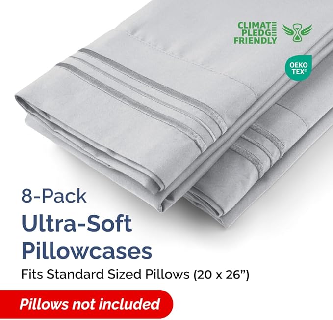 Standard Pillow Cases Set of 8 - Ultra Soft Hotel Quality Pillowcase Covers - Comfy & Wrinkle Free - Shrink, Stain and Fade Resistant - Machine Washable Pillow Protectors - 8 Piece Set - Steel Blue