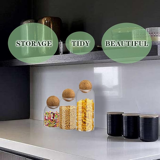 AEFPOYMXU 3 Pcs Glass Jars with Cork Ball Lid Set Kitchen Food Terrarium Airtight Clear Storage Canisters with Wooden Lids for Cookie Candy Coffee Bean Spice Sugar Rice