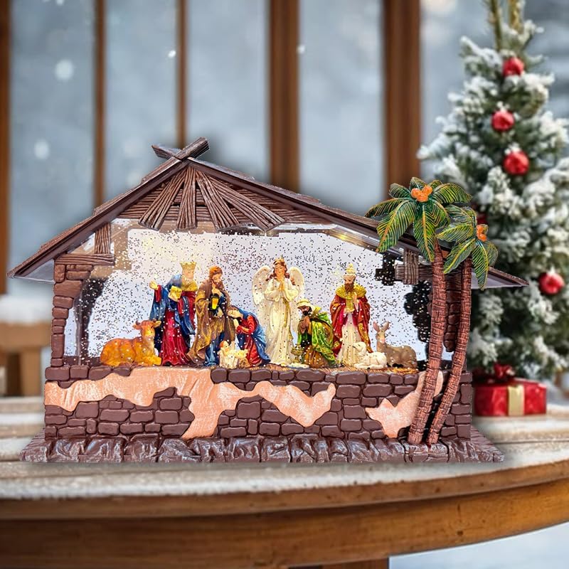 13.2''Nativity Christmas Snow Globe Lantern - Cottage & Nativity Scene (Jesus Birth), Lighted with Swirling Glitter, USB Powered, Plays Music, Holiday Decoration & Festive Gift