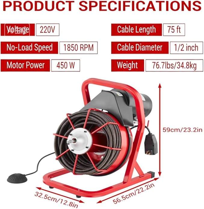 Garvee 75FT x 1/2 Inch Drain Cleaner Machine, 400W Portable Drain Cleaning Machine Snake with 6 Cutters & Foot Switch for 1" to 4" Pipes, Heavy Duty Sewer Auger for Sinks, Toilets, Showers