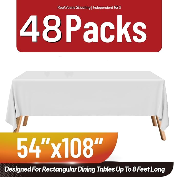 Plastic Table Cloth Disposable, 48 Pack White Plastic Tablecloth 54 x 108 Inch Disposable Tablecloths for Rectangle Tables PEVA Sturdy Leakproof Party Table Cover for Picnics, Birthdays, Weddings