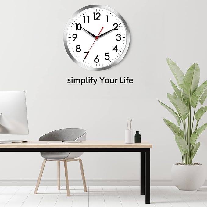 AKCISOT 10 Inch Wall Clock, Battery Operated Analog Clock, Silent Non-Ticking, Ideal for Bedroom, Bathroom, Kitchen, Office and School, Silver