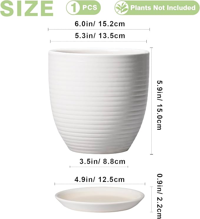 Ceramic Pots for Plants - 6 Inch Plant Pot with Drainage Hole and Saucer, Round Planters for Indoor Outdoor, Flower Pots, Modern Planter, Home Office Room Decor, Gifts for Plant Lovers, White