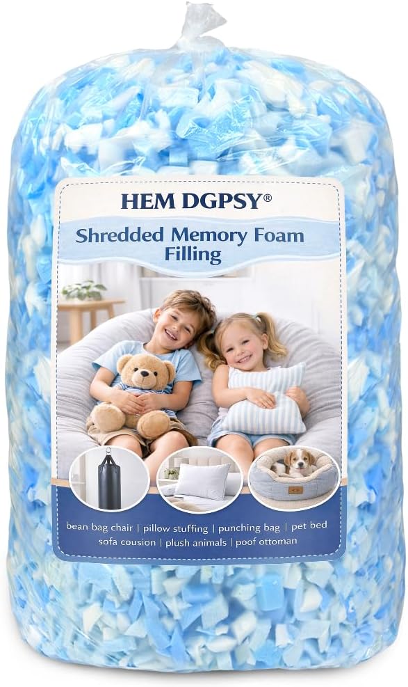 Shredded Memory Foam Filling 5lbs, Blue & White Premium Pillow Stuffing for Dog Bed, Bean Bag Filler, Cushions, Pouf, Punching Bag, Arts and Crafts