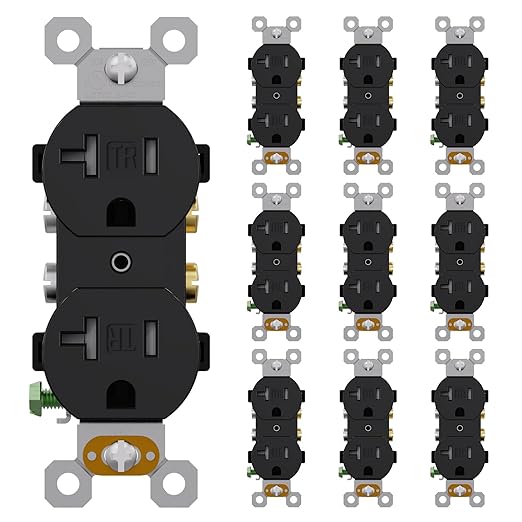 AIDA 20 Amps Outlets Duplex Electrical Receptacle Outlets,Tamper Resistant,Heavy-Duty Receptacle Wall Outlet,Residential,TR,3-Wire, Self-Grounding Clip, NEMA 5-20R,UL Listed (10 Pack, Black