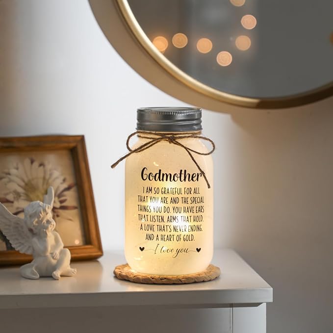 Maracco Godmother Mothers Day Gifts from Godchild, Proposal Godmother Birthday Gift, Mason Jar with 10 Warm Lights, Best Gifts for Godparents, Mason Jar Lights for God Mommy (30oz)