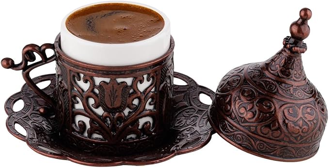 DEMMEX Turkish Greek Arabic Coffee Making and Serving Full Set with Cups Saucers Lids Sugar Bowl Tray and Copper Coffee Pot, Hand Decorated with Gold Crystals, 12 Pcs