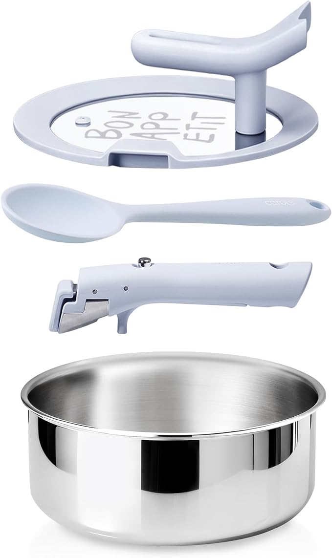 CAROTE 3QT Stainless Steel Sauce Pan with Stand-Up Lid, Tri-ply Stainless Steel Pot with Detachable Stay-Cool Handle, Non-Toxic Kitchen Saucepans, Induction Kitchen Cookware, Oven Safe to 600°F