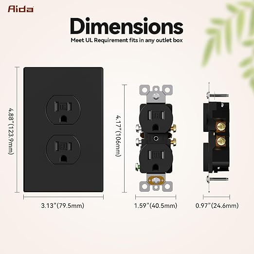 AIDA 20 Pack Matte Black Standard Duplex Electrical Wall Receptacle Outlet, 15A 125V, 2 Pole 3 Wire, Tamper Resistant, NEMA 5-15R, Self-Grounding, Wall Plate Included, UL Listed