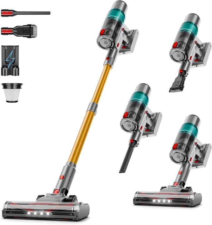 Cordless Vacuum Cleaner:Portable 6-in-1 Stick Vacuum with Anti-Tangle Brush | LED Headlight, Self-Standing, HD Display, Rechargeable Vacuum for Pet Hair, Low-Pile Carpet and Hardwood Floor-Green