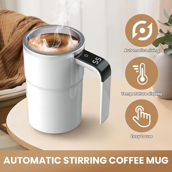Electric Coffee Mug with a Built-in LCD Thermometer, 2026 New Automatic Magnetic Stirring Coffee Mug, Automatic Stirring Cup for Coffee, Milk, and Other Beverages (White)