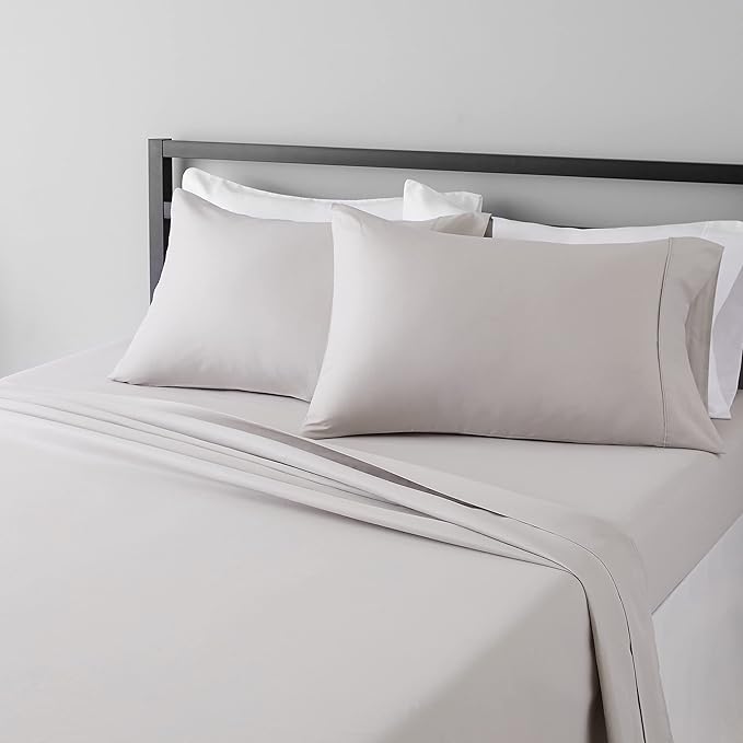 Amazon Basics Lightweight Breathable, Ultra-Soft, Wrinkle-Free Luxury Microfiber 4-Piece Bed Sheet Set with 14-Inch Deep Pockets, Full, Light Gray, Solid
