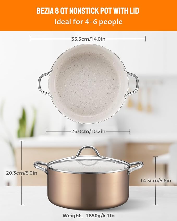 BEZIA 8 Quart Nonstick Stock Pot with Lid, Induction Compatible Cooking Pot | Soup Pot with PFOA Free Granite Coating, All Stovetops Compatible, Oven & Dishwasher Safe, Ideal for Daily Family Cooking