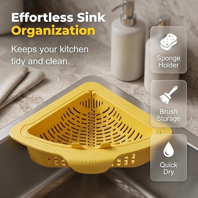Magnetic Triangle Sink Strainer Basket, 2026 Upgrade Kitchen Corner Drain Rack with Twist-Open Bottom, Metal Sink Food Scraps Filter and Sponge Holder Produce Rinse Basket