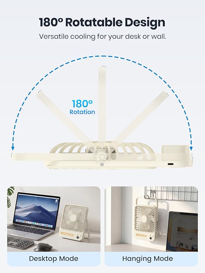 Warmco 10000mAh Portable Travel Fan 7-inch, Max 24H Runtime, Ultra-thin Quiet Rechargeable Battery Operated Desk Fan with Digital Display for Camping, Office, Bedroom, Cruise Essentials