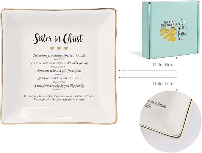 HOME SMILE Mother's Day Gifts for Sister in Christ,Ceramic Ring Jewelry Dish Tray Plate for Birthday Graduation Christmas Wedding,We May Not Be Sisters by Blood But We are Sisters in Christ