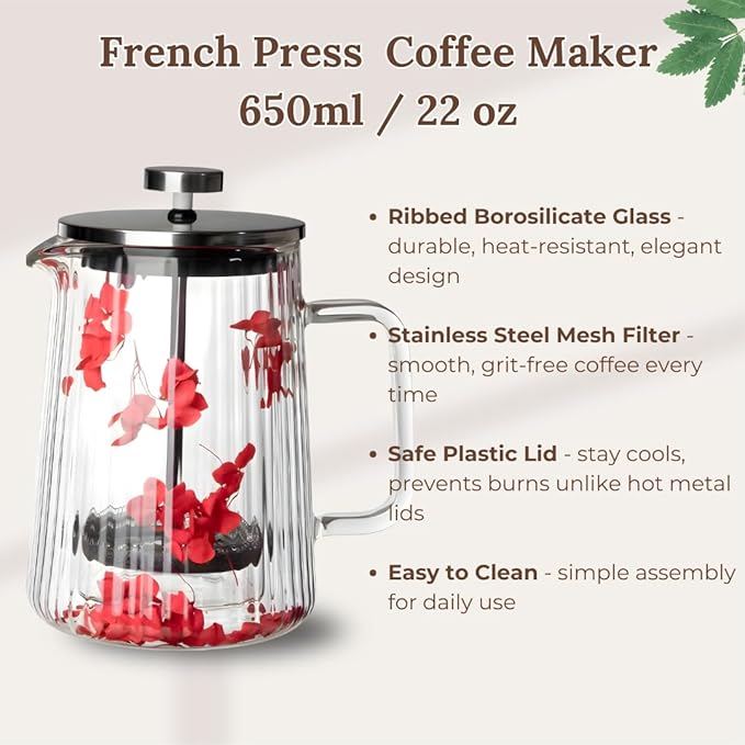 Glass French Press Coffee Maker 22oz (Red Floral) – Double-Wall Borosilicate Ribbed Coffee Press with Stainless Steel Filter, Manual Coffee Brewer & Tea Press