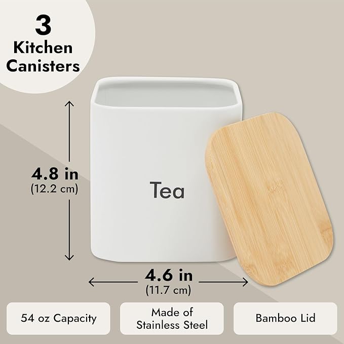 Juvale Coffee Bean Storage Canisters for Countertop - 3-Piece White Iron 48 oz Set - Silicone Seal Lids for Freshness - Sugar Jar & Tea Organizer - Coffee Bar Accessories & Countertop Organization
