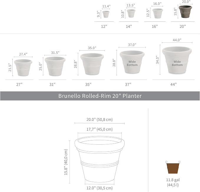 Crescent Garden Brunello Classic Rolled Rim Planter Pot, Indoor/Outdoor Weather-Safe Round Plant Pot, 20'' (Weathered Concrete)