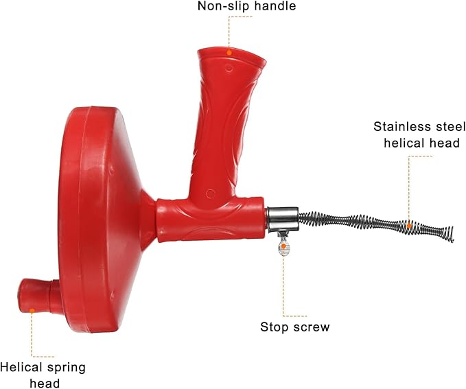 HARFINGTON Drain Augers 25 Ft Stainless Steel Flexible Plumbing Auger Hair Drain Cleaner Tool Toilet Auger Clog Remover Tool for Kitchen Bathroom Shower Sink Toilet Bathtub, Red