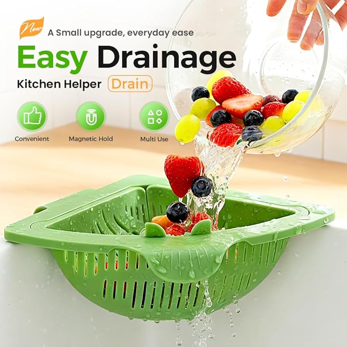 Magnetic Triangle Sink Strainer Basket, 2026 Upgrade Kitchen Corner Drain Rack with Twist-Open Bottom, Metal Sink Food Scraps Filter and Sponge Holder Produce Rinse Basket