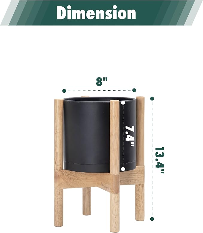 D'vine Dev Plastic Pot with Natural Wood Stand, Black, 8 in, 55-C-J-2 | Mid-Century Inspired Design, Elevated Plant Display, Clean Lines, Sturdy Support, Modern Space-Saving Style