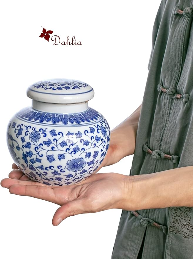 Dahlia Blue and White Tea Canister for Loose Tea, Airtight Jingdezhen Porcelain Tea Caddy, Blue and White Lotus #3, 1150 ML