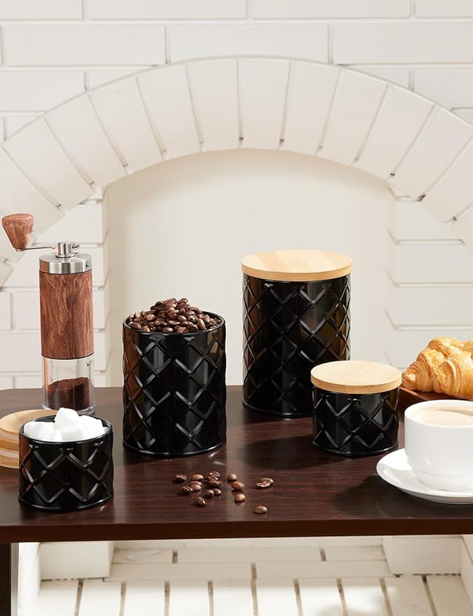FavorFlavor Kitchen Storage Containers for Countertop Set of 6,Food Containers with Airtight Lids,Flour and Sugar Storage Containers,Black Canister Set for Coffee and Tea,Farmhouse Kitchen Decor
