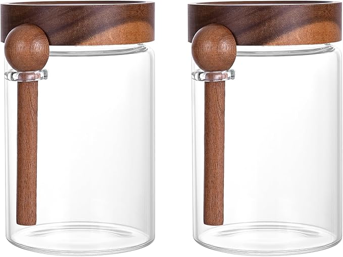 SAIOOL 30 oz (2-Pack) High Borosilicate Glass Food Storage Containers with Spoons, Airtight Screw-Tight Lid for Kitchen Pantry - Dry Food, Coffee,Tea,Snacks, Flour Canisters, High Transparency