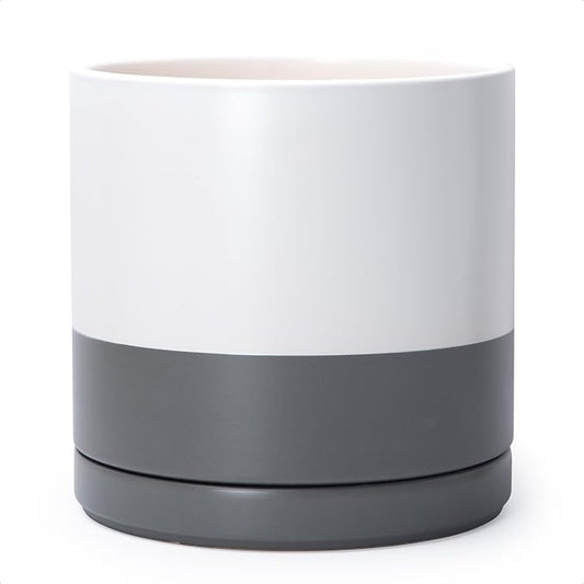 D'vine Dev 12 Inch Ceramic Planter Pot, White/Grey, 94-O-F-6 | Modern Cylinder Design, Drainage Hole & Saucer Included, Stable Structure, Elegant Home Accent