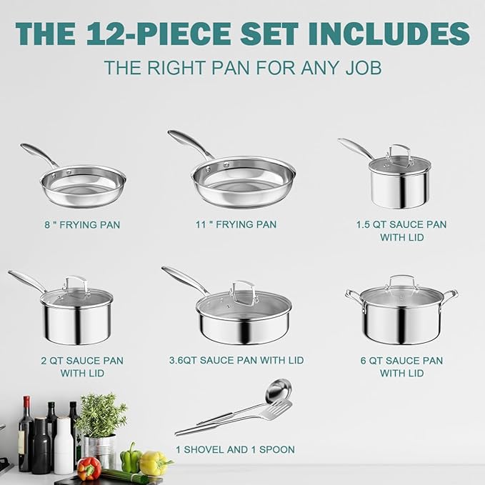 12 Piece Stainless Steel Pots and Pans Set, Tri-Ply Clad Cookware Set, Professional Induction Cookware Sets with Glass Lids, Oven & Dishwasher Safe, Non Toxic Silver Kitchen Sets (12, Silver)