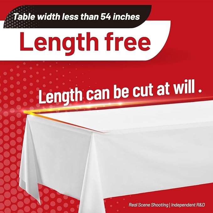 Plastic Table Cloth, 110 Ft X 54 in Disposable Tablecloth White Tablecloth Premium PEVA Plastic Table Cloth Disposable with Any Cut Sliding Cutters for Picnics, Parties, Birthdays, Weddings