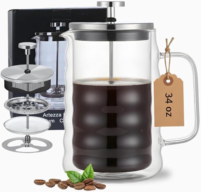 French Press Coffee Maker Double-Wall Borosilicate Glass | Wavy Manual Brewer with Stainless Steel Mesh Filter for Hot & Cold Coffee or Tea (34oz / 1000ml - Wavy Design)