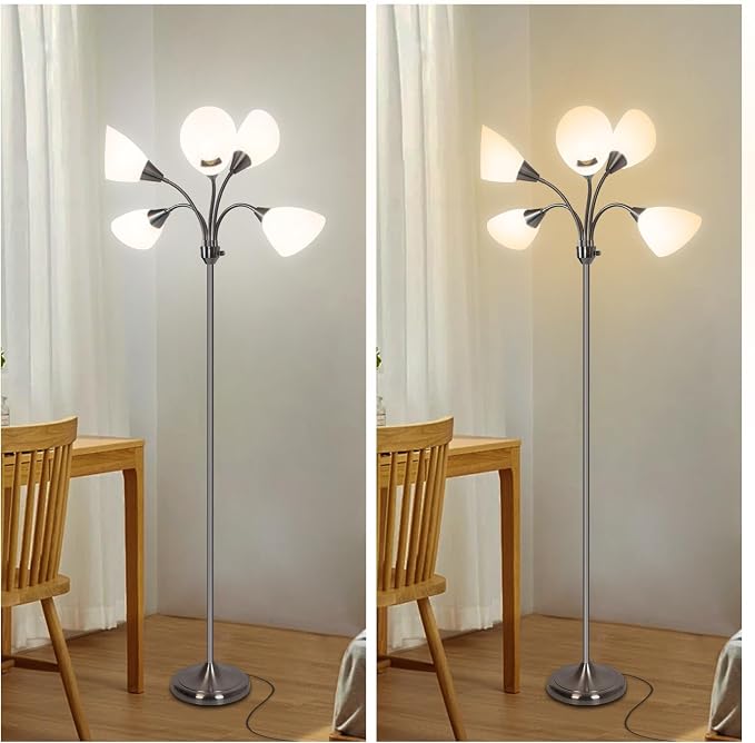 HonoDing Medusa Floor Lamp Standing Lamp 5 Heads Adjustable Reading Light Large Shade Use E26 A19 Bulb for Living Room Bedroom Satin Nickel