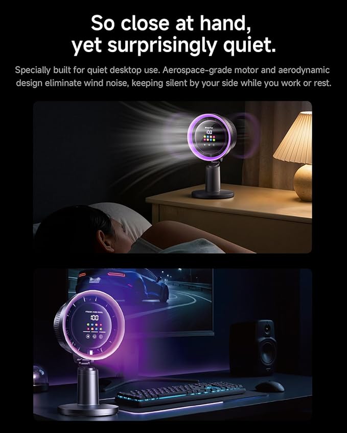 Space Player Desk Fan Air Circulator with Strong Airflow, Portable Table Fan with 45° Tilt & 180° Manual Rotation, LED Display, 4 Speeds, 8H Timer, Quiet Turbo Cooling Fan for Bedroom Home Office