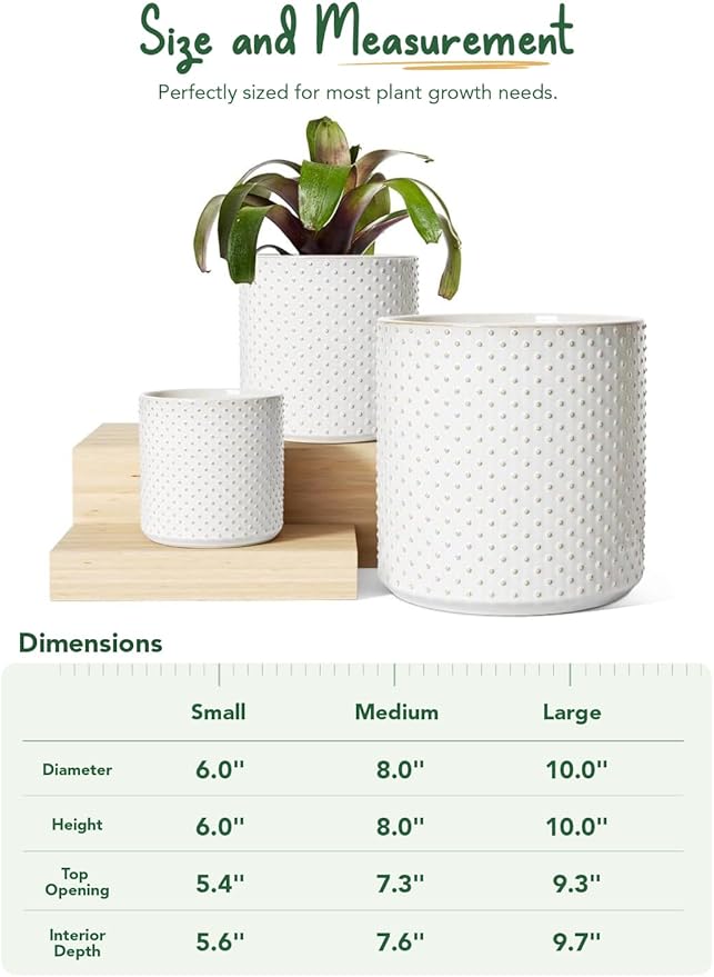 LE TAUCI 10+8+6 Inch Ceramic Pots for Plants, Indoor Planters with Drainage Hole and Plug, Raised Dots Cylinder Flower Pots Set of 3 for Living Room and Bedroom, Glossy, Arctic White