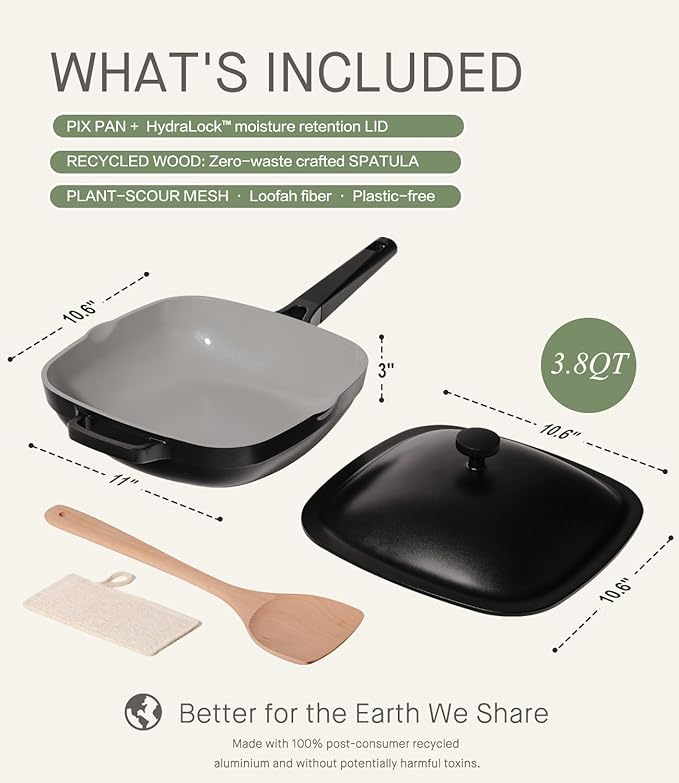 USELUCK 10.5 Inch(3.8QT) Ceramic Pan with Lid,Non Stick Frying Pans Cast Aluminum Deep Sauté Pans,Ti-Ceramic Non Toxic Pix Pan with Wooden Spatula and Scrubber-Midnight Hearth