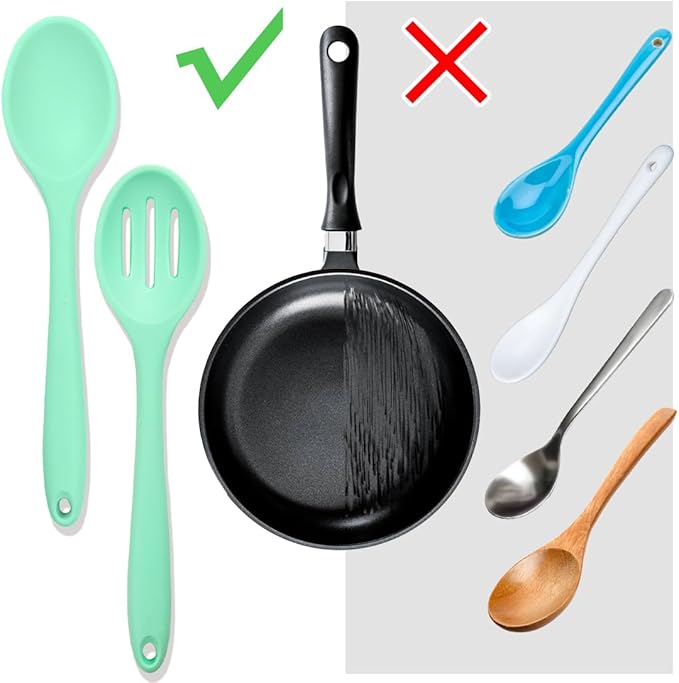 8 Pcs Heat Resistant Non Stick Silicone Serving Spoons Set -Ideal for Cooking, Baking, Mixing, Stirring Includes Slotted & Solid Spoons, Design for Nonstick Cookware (Green)