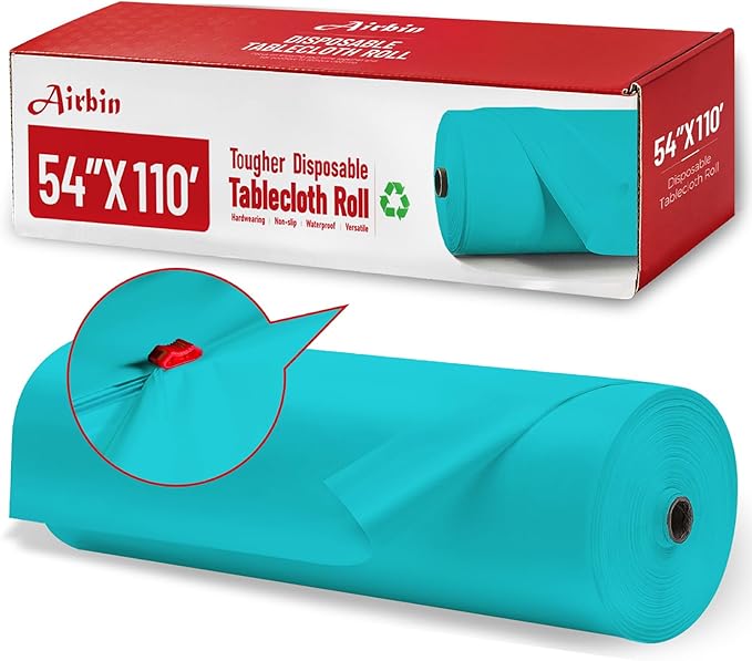 Plastic Table Cloth, 110 Ft X 54 In Disposable Tablecloth Light Blue Tablecloth Premium PEVA Plastic Table Cloth Disposable with Any Cut Sliding Cutters for Picnics, Parties, Birthdays, Festivals