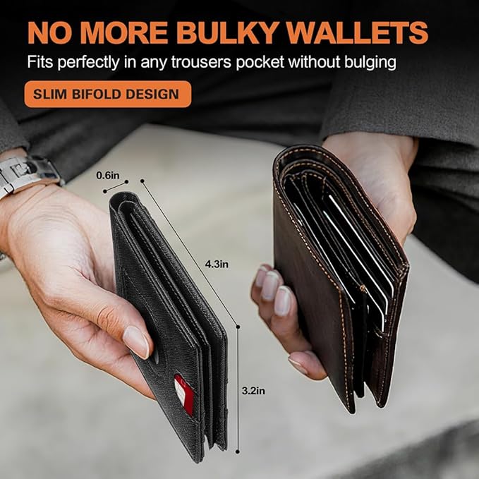 Wallet for Men Slim RFID Blocking Bifold Carbon Fiber,Minimalist Small Compact Front Pocket Credit Card Holder,Thin Mens Leather Wallets Smart Security With 2 ID windows 1 Cash (Cross Black)