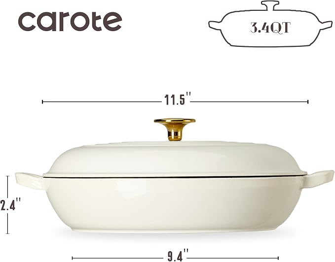 CAROTE 3.4QT Enamel Cast Iron Cookware, Skillet with Lid, White Dutch Oven | Shallow Round Braiser Pan Oven Safe, Non-Toxic Pot for Grilling, Searing, Baking, Dual Handles, All Stovetop Compatible