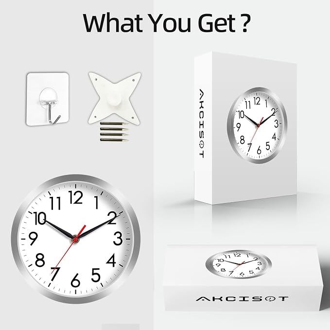 AKCISOT 8 Inch Wall Clock, Battery Operated Analog Clock, Silent Non-Ticking, Ideal for Bedroom, Bathroom, Kitchen, Office and School, Silver