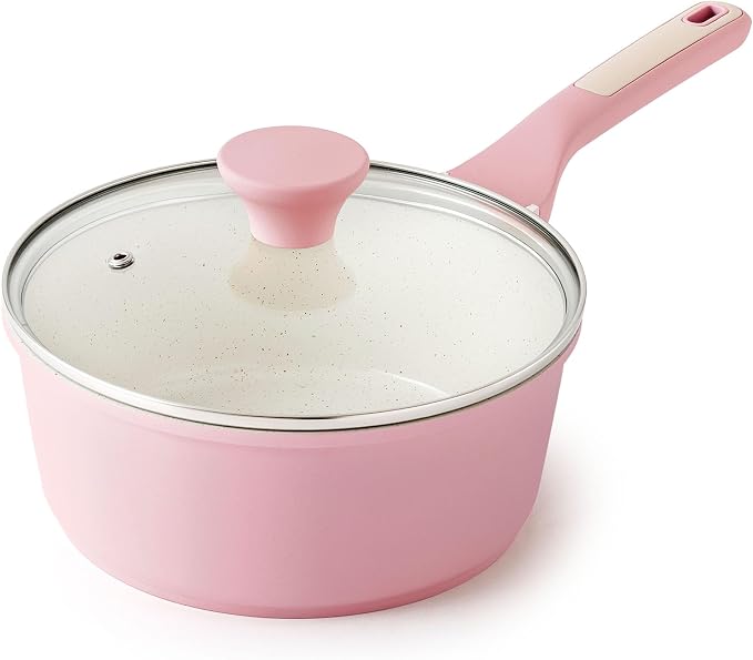 SENSARTE 2.5 QT Ceramic Nonstick Saucepan with Lid, PTFE/PFAS Free, Pink | Medium Cooking Pot with Stay Cool Handle, Induction Compatible Saucepot, Ceramic Coating